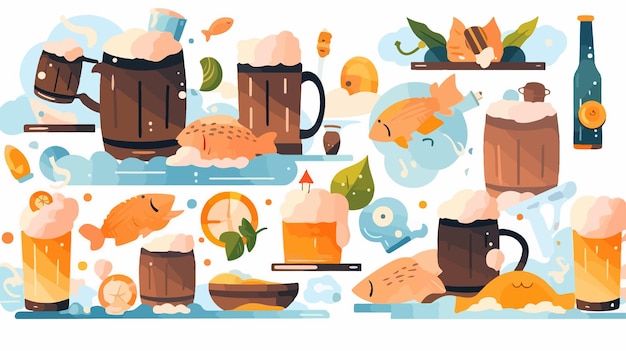 a series of illustrations with a variety of different items including fish chips and a beer mug