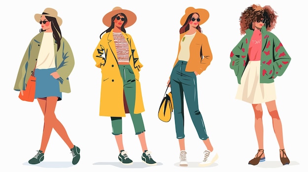 Vector a series of illustrations of women with hats and jackets