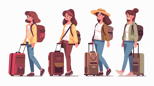 a series of illustrations of women with luggage