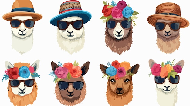 Vector a series of images of llamas hats and sunglasses