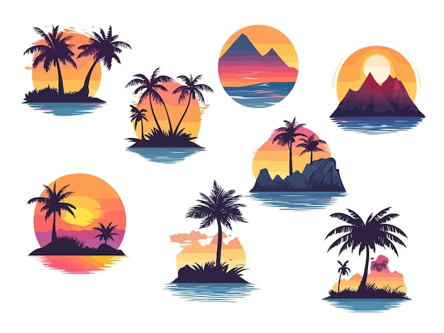 a series of images of palm trees and mountains with the sun setting