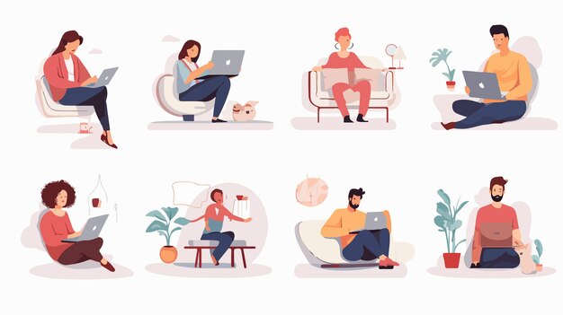 Vector a series of images of people sitting on a couch with a laptop and a dog