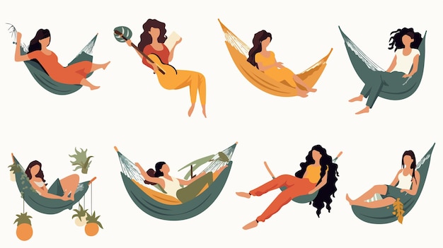 Vector a series of images of women in a hammock