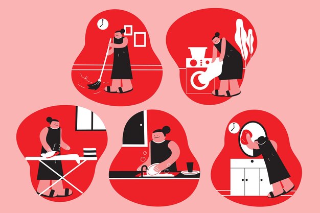 Vector a series of images of women in a room with a red background cleaning vector scene set illustration