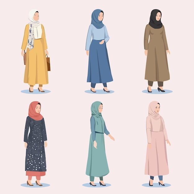 Vector a series of images of women with headscarf illustration