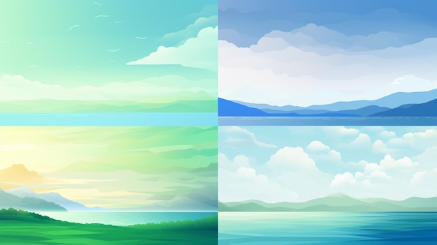 a series of paintings with the ocean and mountains