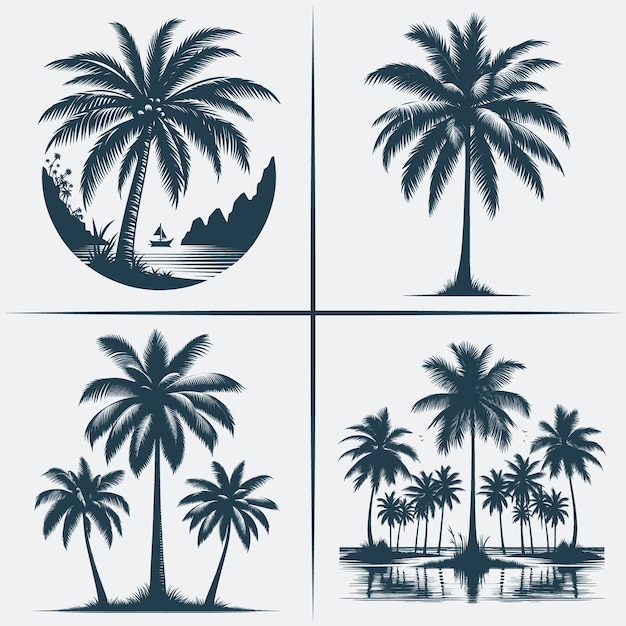 a series of palm trees with a boat in the water