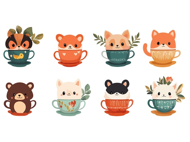 a series of pictures of cute animals and teacups