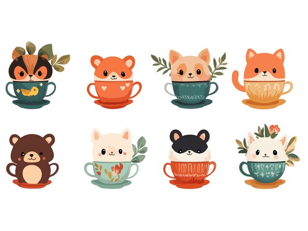 Vector a series of pictures of cute animals and teacups