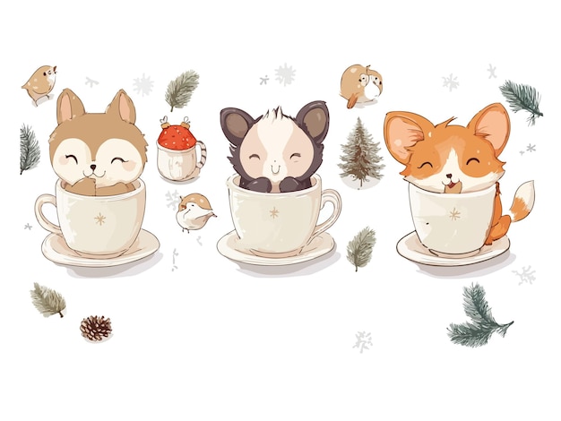 a series of pictures of cute little animals and a cup of tea