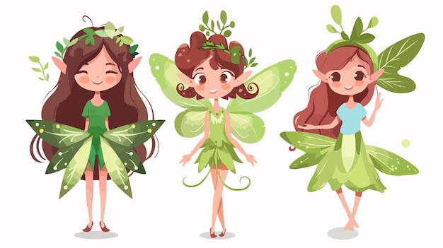 Vector a series of pictures of cute little girls with green fairy wings