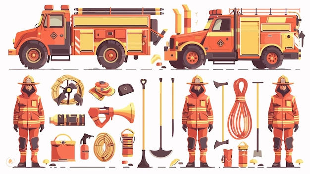 Vector a series of pictures of firemen and fire trucks