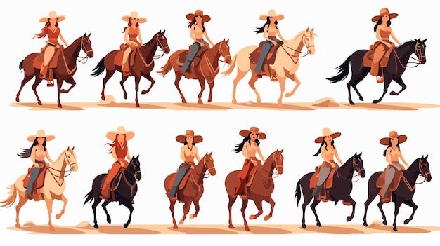 Vector a series of pictures of horses and a woman with a hat on