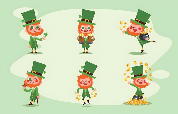 Vector a series of pictures of a leprechaun with a pot of gold coins