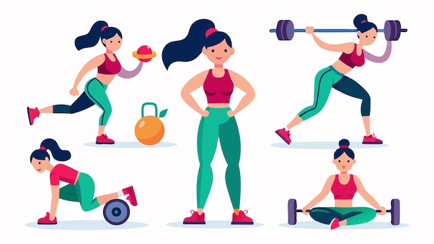 Vector a series of pictures of women doing exercises with dumbbells