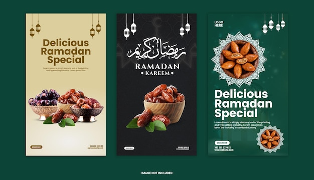 A series of posters for ramadan with a picture of a bowl of food.