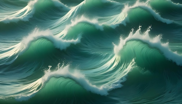 Vector series of powerful ocean waves with turquoise crests crashing in the ocean creating a dynamic and mesmerizing pattern