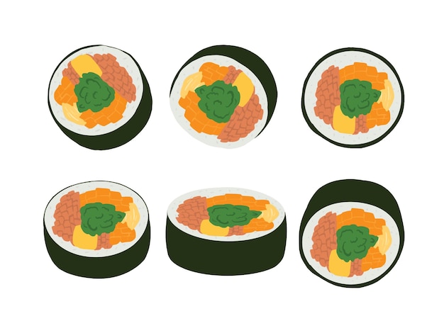 A series of sushi with a green vegetable on top