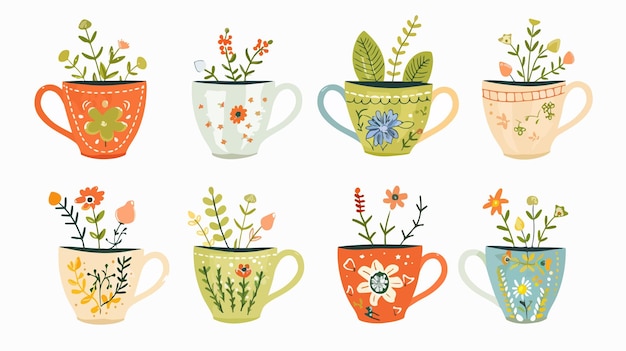 a series of teacups with flowers and plants drawn on them