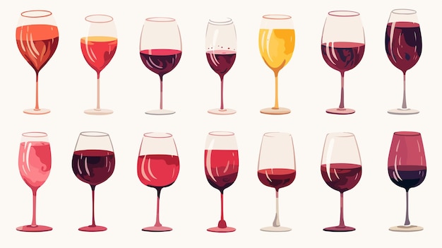 a series of wine glasses with different colored glasses