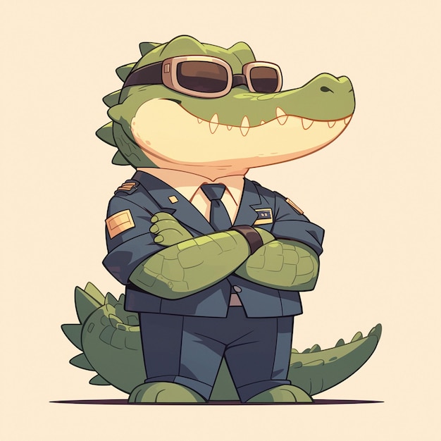 A serious crocodile flight attendant cartoon style