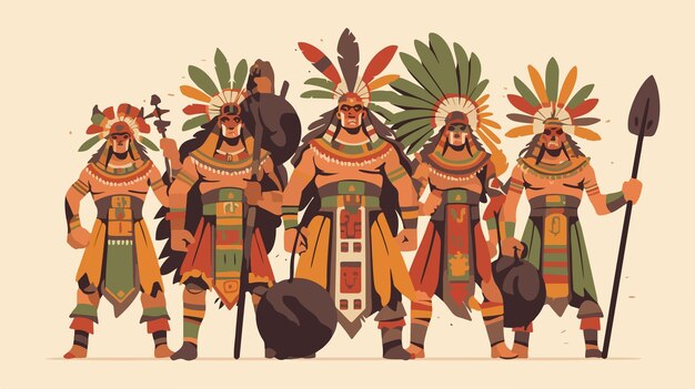 Vector serious mayan warriors in traditional attire standing together