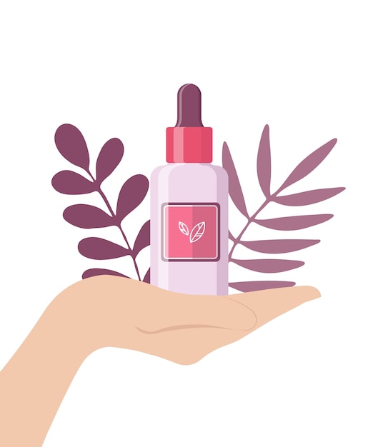 Serum bottle in hand with leaves Flat design