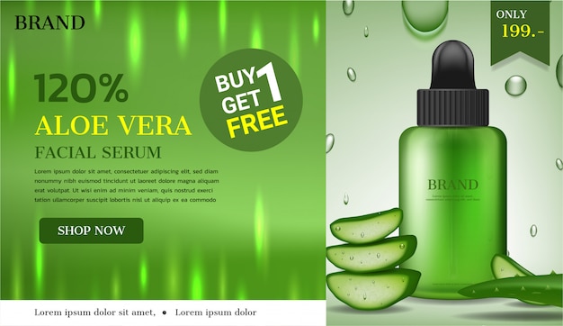 Serum with aloe vera and water drops on green background