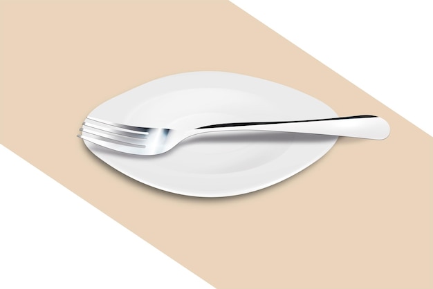 Vector served plate with a fork on a beige canvas with a shadow 3d vector illustration of the design of the restaurant cafe