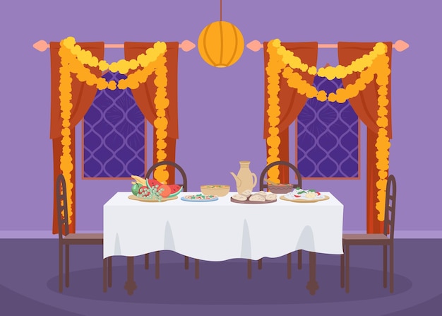 Served table for Diwali dinner flat color vector illustration