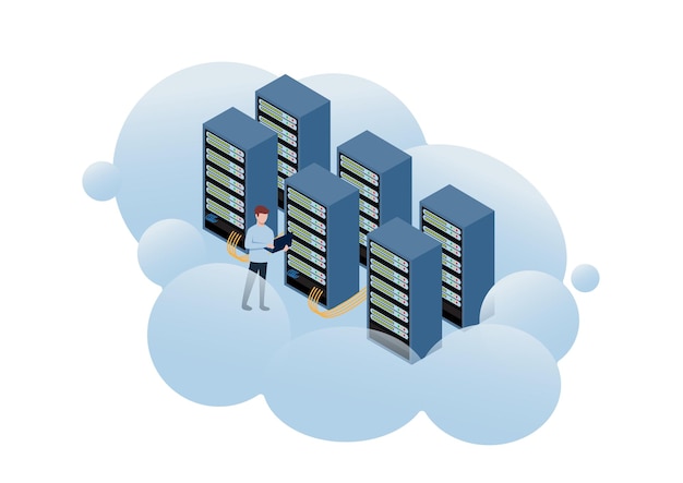 Server, data center storage on cloud, cloud server concept, vector illustration