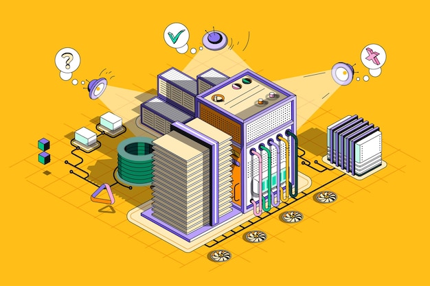 Server maintenance concept 3d isometric outline web design Technical support computer hardware