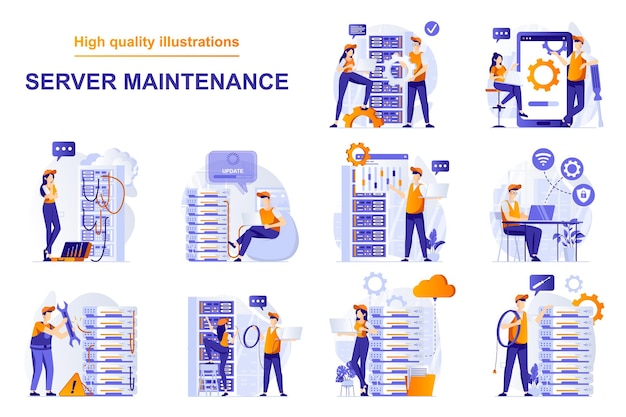 Server maintenance web concept with people scenes set in flat style bundle of technical work working