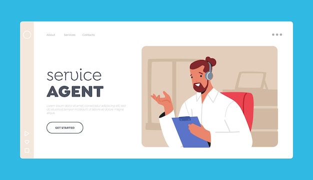 Service Agent Landing Page Template Call Center Operator Male Character Support Customer by Telephone Hotline