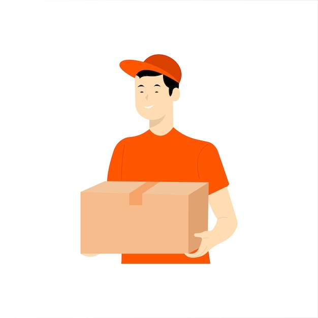 Service of fast delivery parcels vector illustration Express delivery courier service Smiling man courier in orange uniform with box in his hands Flat style EPS 10