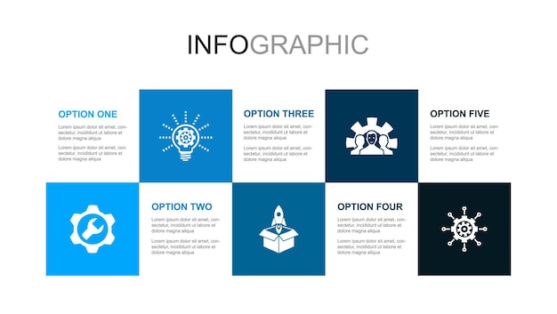 Service innovation launching development management icons Infographic design layout template Creative presentation concept with 5 steps