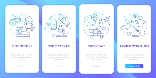 Services for patients blue gradient onboarding mobile app screen Care walkthrough 4 steps graphic instructions pages with linear concepts UI UX GUI template Myriad ProBold Regular fonts used