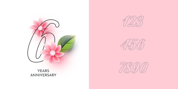 Set 1 2 3 4 5 6 7 8 9 10 years anniversary label with flowers illustration template design