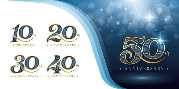 Set of 10 to 50 years Anniversary logotype design Ten to Fifty years Blue and Gold Logo Celebration