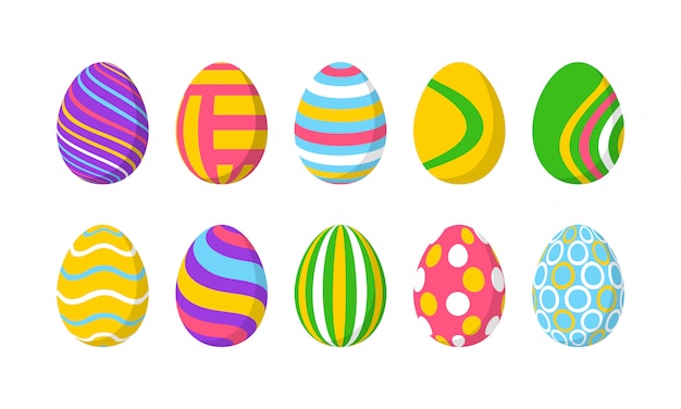 Set of 10 color Easter Eggs with pattern. Design elements for holiday cards. Easter collection with different texture. Cartoon flat style illustration