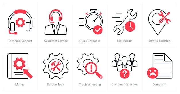 Vector a set of 10 customer service icons as technical support customer service quick response