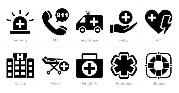 A set of 10 emergency icons as emergency 911 ambulance