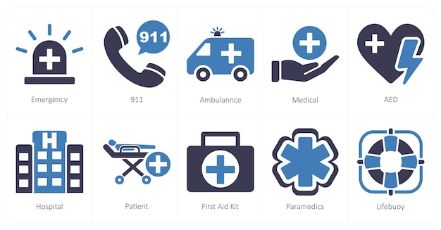 A set of 10 emergency icons as emergency 911 ambulance