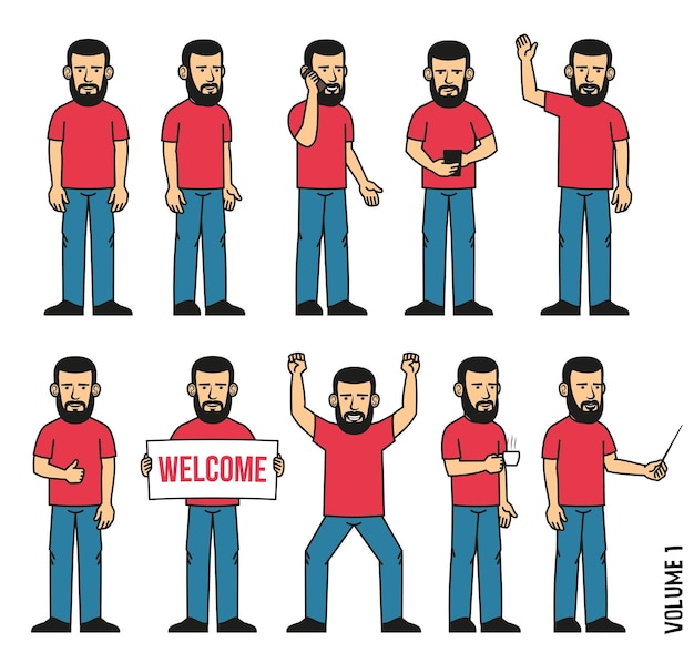 Set of 10 poses of a bearded man