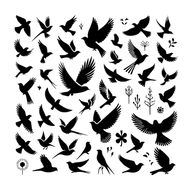 Vector set of 100 silhouettes of birds silhouette