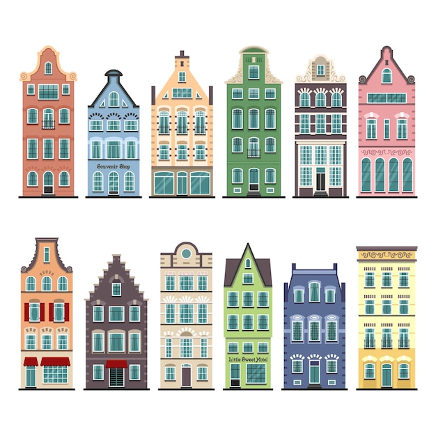 Set of 12 Amsterdam old houses cartoon facades. Traditional architecture of Netherlands