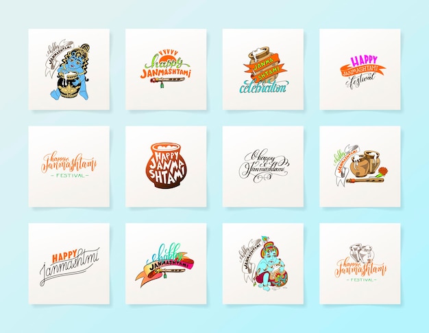 Set of 12 banners logo design label to indian janmashtami khrishna festival