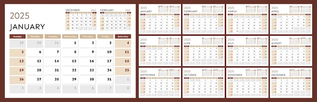 Set of 12 calendar pages for 2025 in brown and orange Vector design template Week starts on Sunday