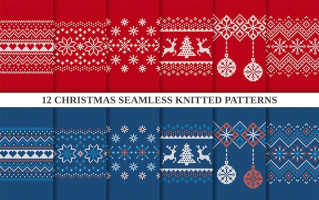 Set of 12 Christmas seamless patterns Knitted sweater red and blue textures big collection Set Xmas winter background