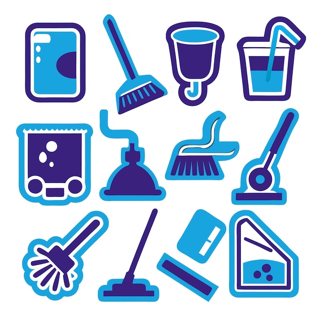 Vector set of 12 cleaning icons blue and purple outline style